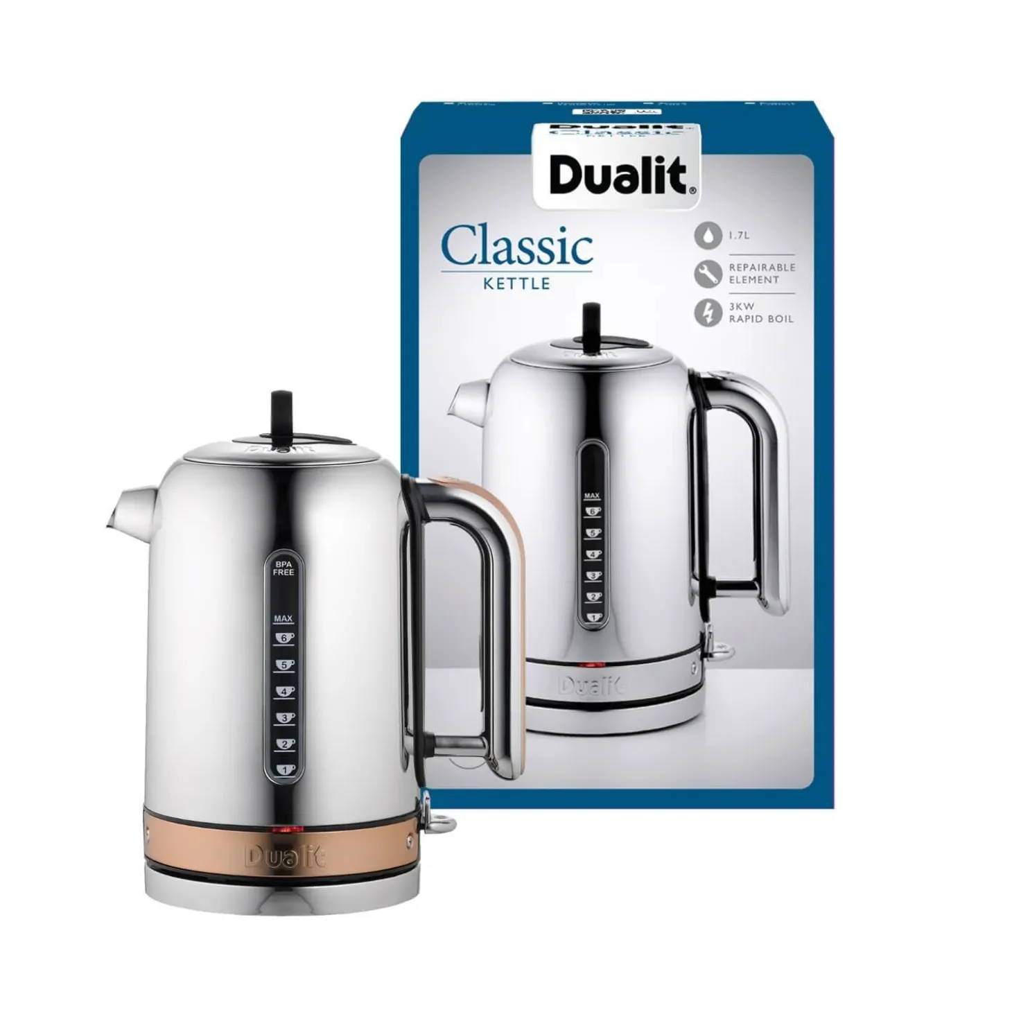 Dualit Classic 1.7 Litre Jug Kettle & 2 Slice Toaster Set - Copper & Chrome