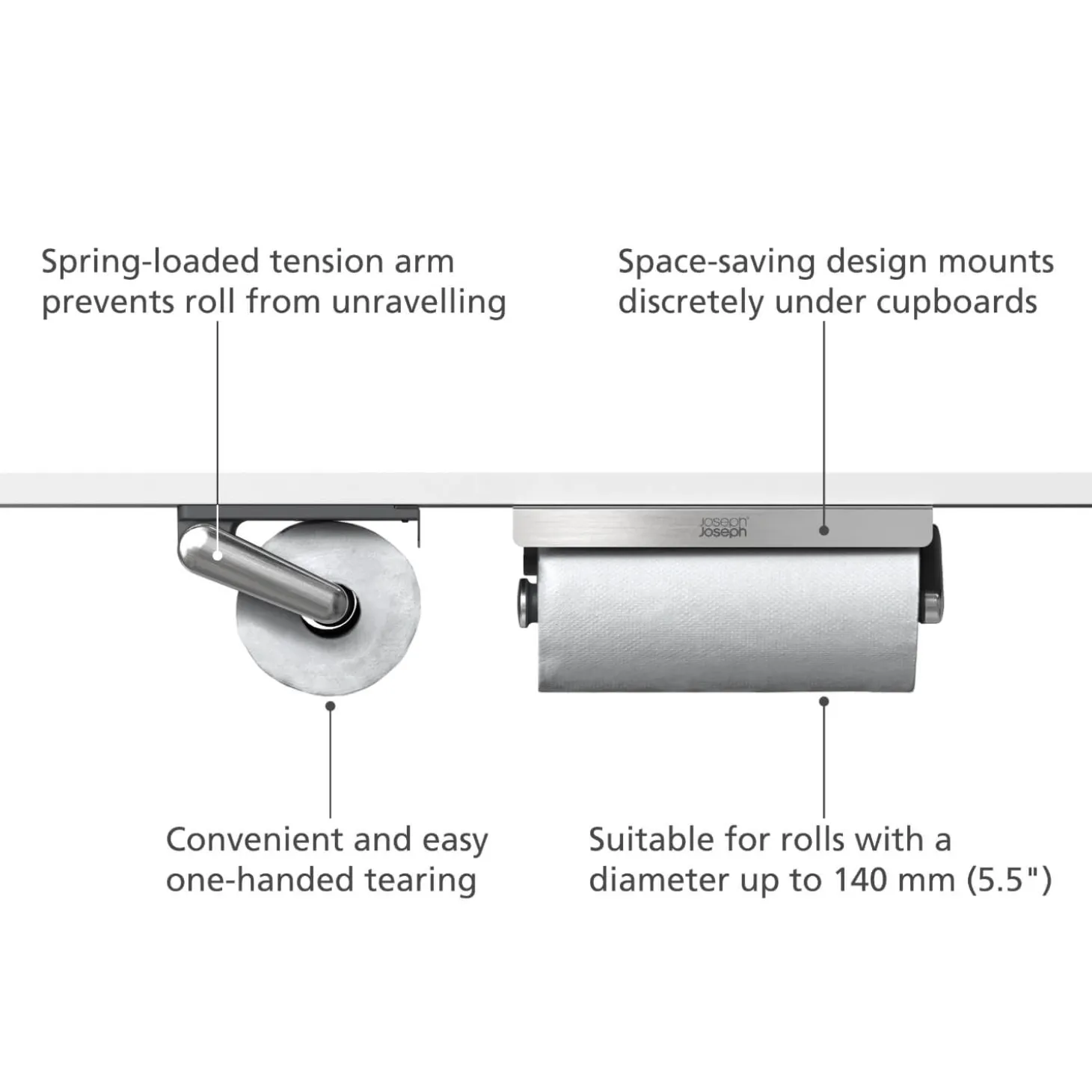 Joseph Joseph RollGrip Under-Shelf Stainless Steel Kitchen Roll Holder