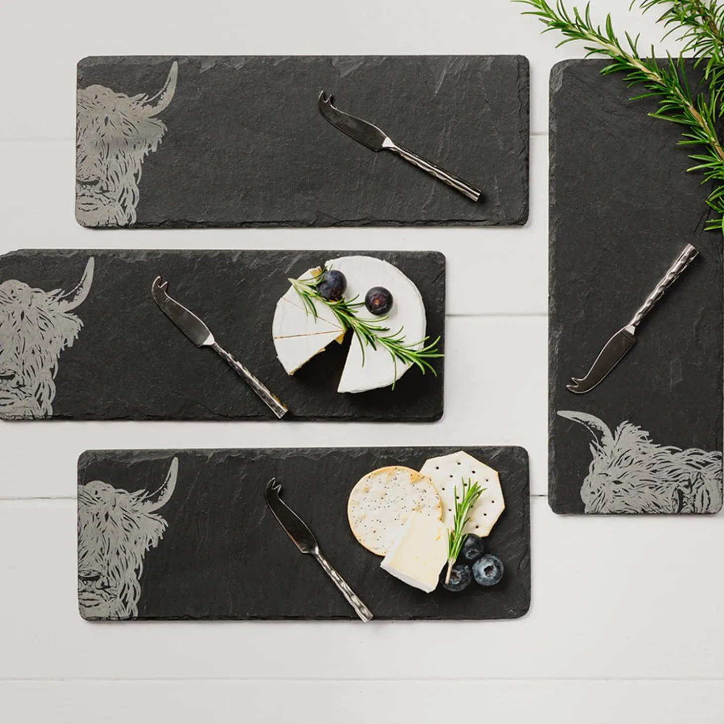 Selbrae House 4-Piece Mini Slate Cheese Board & Knife Set - Highland Cow