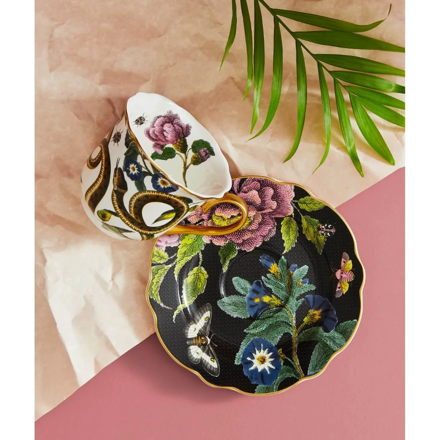 Spode Creatures of Curiosity Fluted Cup & Saucer - Dark Floral/Snake